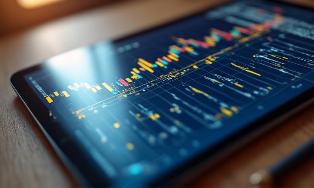 Close up of a financial tablet showing data visualizations and market trends charts