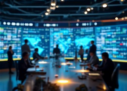 Modern logistics hub with high-tech tracking screens showing global shipping routes