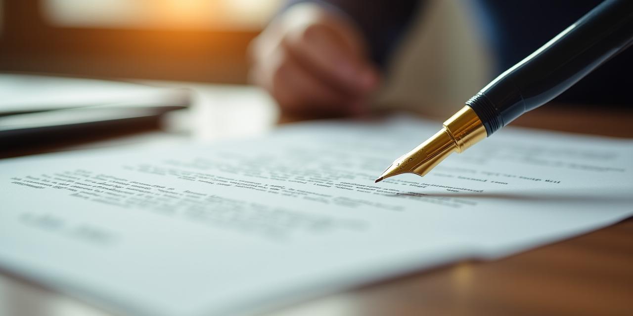 Close-up of a signed business contract on a dark wooden desk with a gold pen